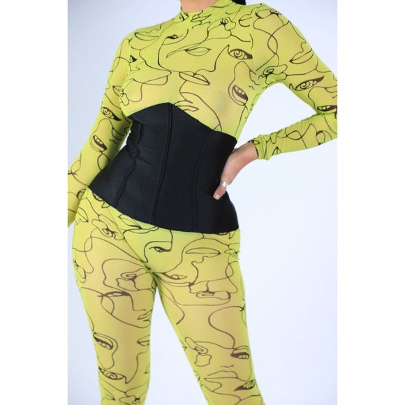 Face Contour Drawing Mesh Skinny Jumpsuit Long Sleeve Neon Yellow Mock Neck - Picture 6 of 7